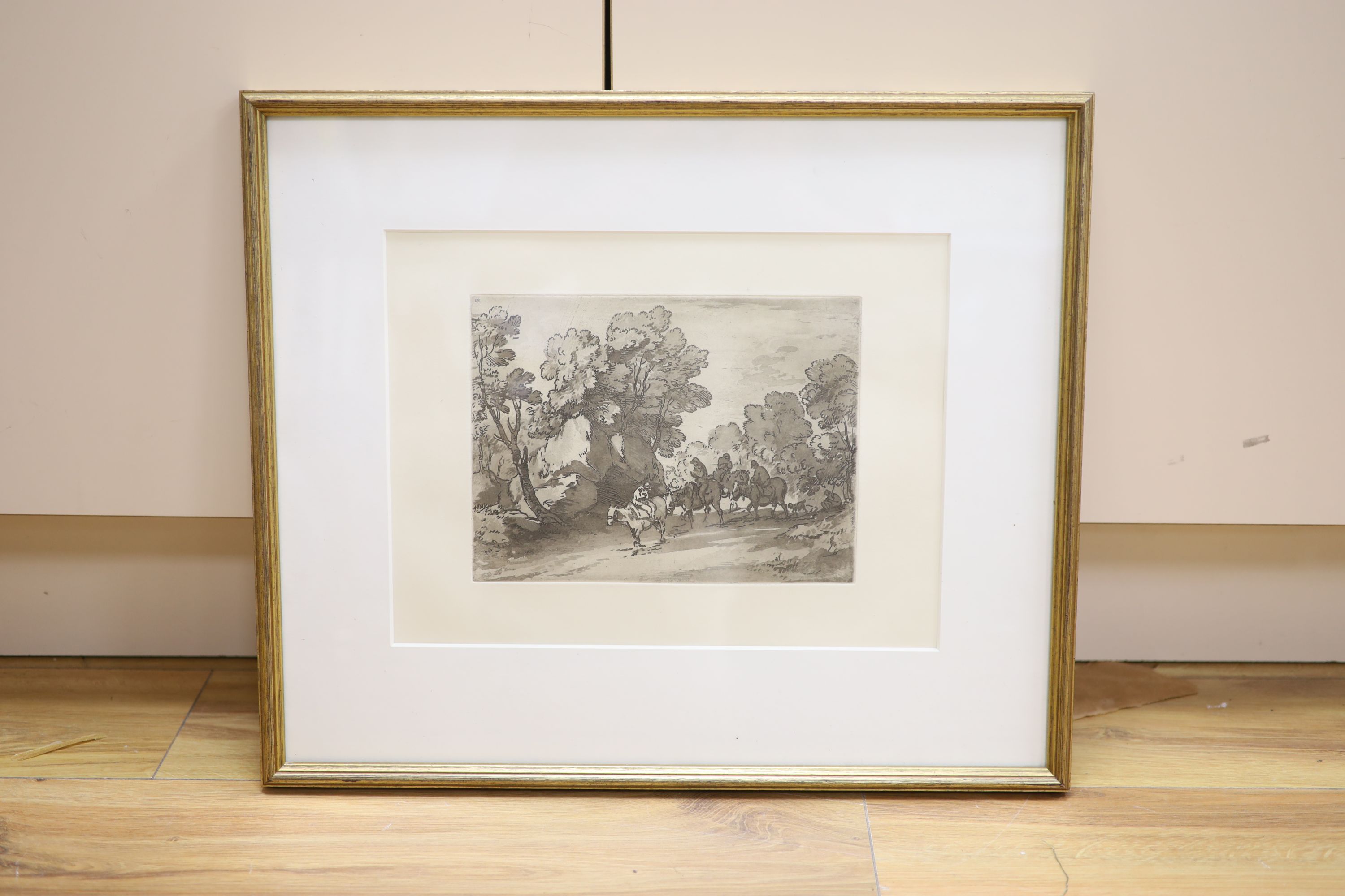 After Thomas Gainsborough, soft ground etching, Horseman on a lane, 18 x 24cm